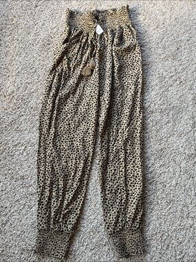NWT Aerie Leopard Print Easy Joggers Smocked Waist Tassel Drawstring Boho Sz XS